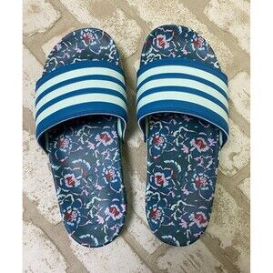 adidas Floral Slide Sandals Blue White Stripes Rubber Upper US 6 Women